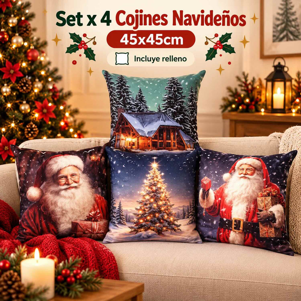 Set x 4 Cojines Navideños 45x45 cm - Incluye Relleno y Funda Con Cierre 🎄