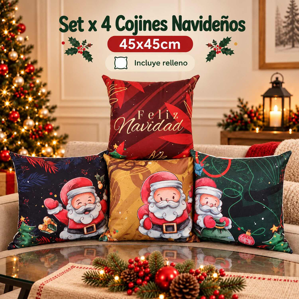 Set x 4 Cojines Navideños 45x45 cm - Incluye Relleno y Funda Con Cierre 🎄