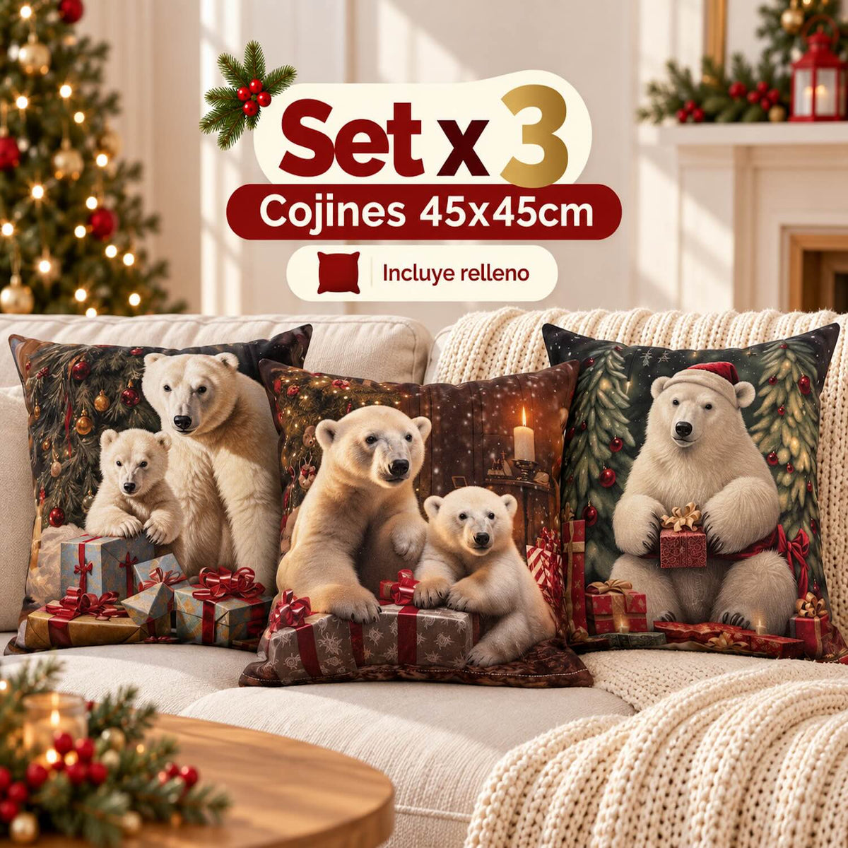 Set x 3 Cojines de Navidad 45x45 cm - Incluye Relleno 🎄