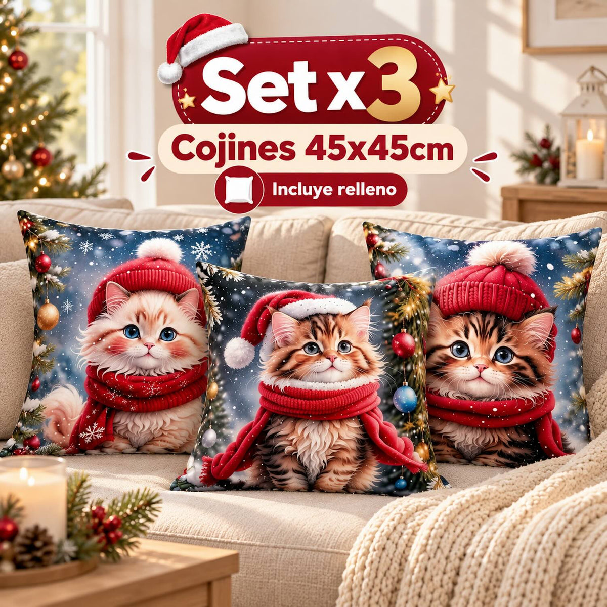 Set x 3 Cojines de Navidad 45x45 cm - Incluye Relleno 🎄