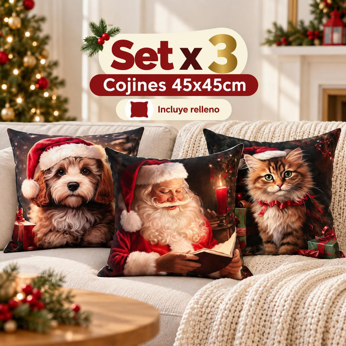 Set x 3 Cojines de Navidad 45x45 cm - Incluye Relleno 🎄