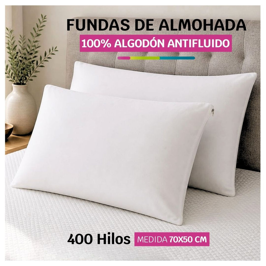 Fundas de Almohada Tela 100% Algodón de 400 Hilos con Antifluido 70x50cm