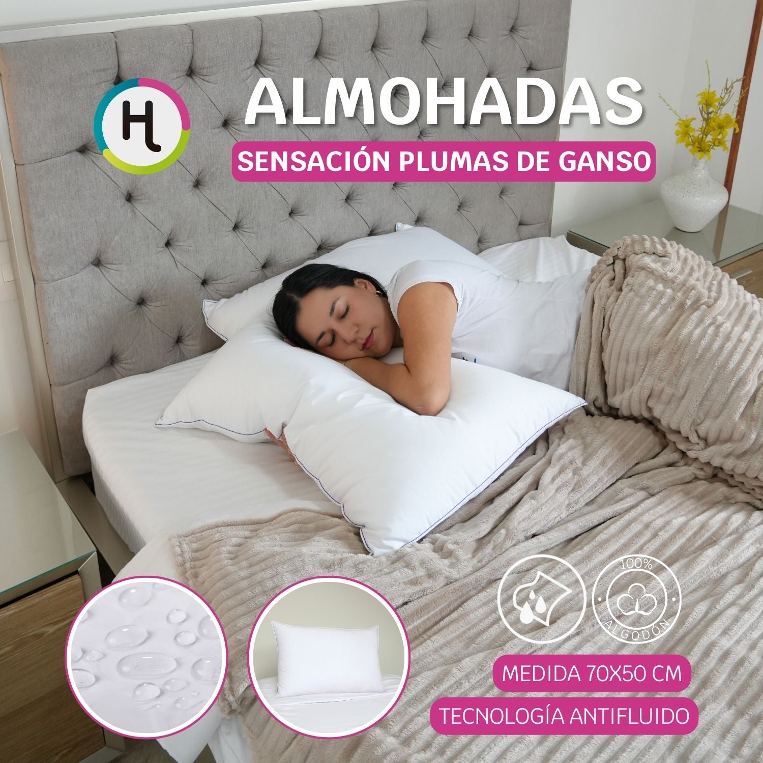 Almohada Sensación Pluma de Ganso - 100% Algodón y Antifluido